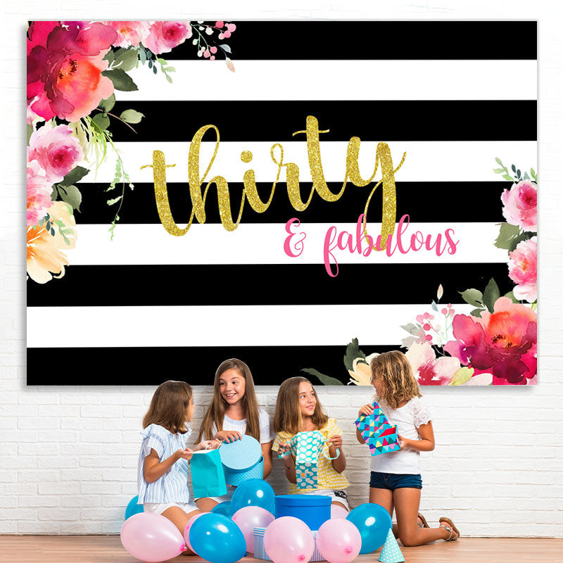 Lofaris Black and White Stripes Floral 30th Birthday Backdrop