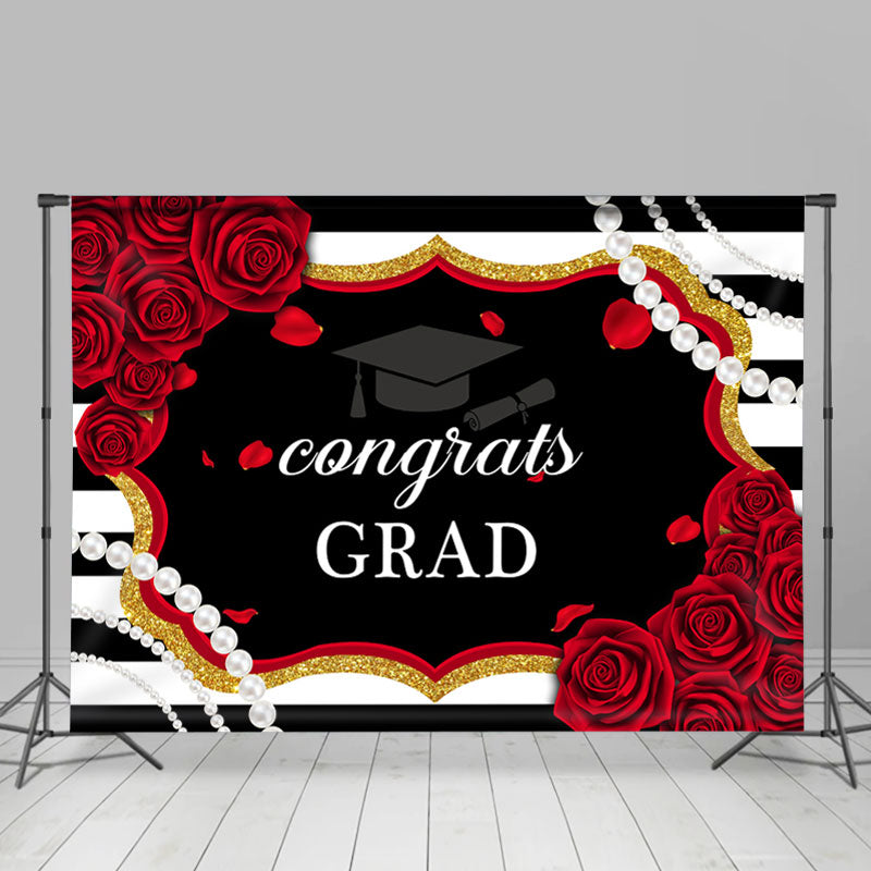 Lofaris Black And White Stripes Red Roses Congrats Backdrop