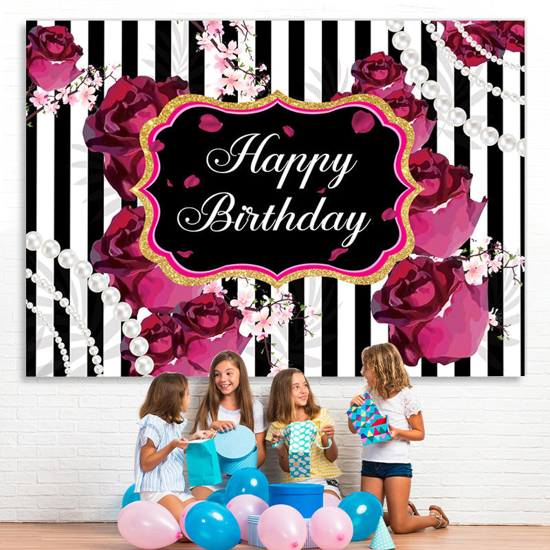 Lofaris Black and White Stripes Roses Happy Birthday Backdrop