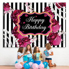 Lofaris Black and White Stripes Roses Happy Birthday Backdrop