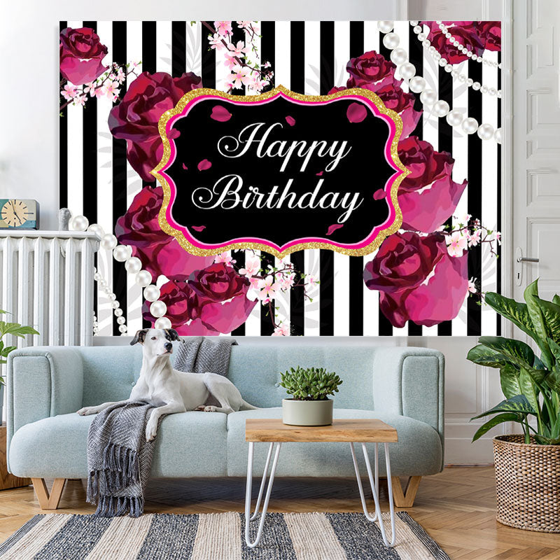 Lofaris Black and White Stripes Roses Happy Birthday Backdrop