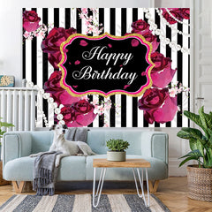 Lofaris Black and White Stripes Roses Happy Birthday Backdrop