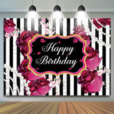 Lofaris Black and White Stripes Roses Happy Birthday Backdrop