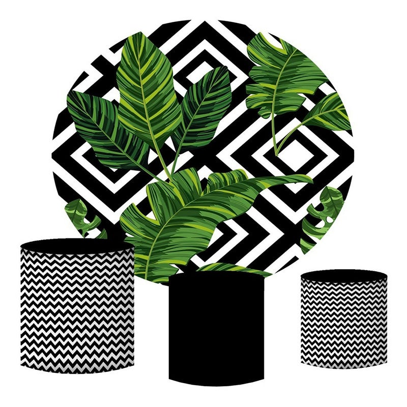 Lofaris Black And White Stripes Round Leaves Birthday Backdrop