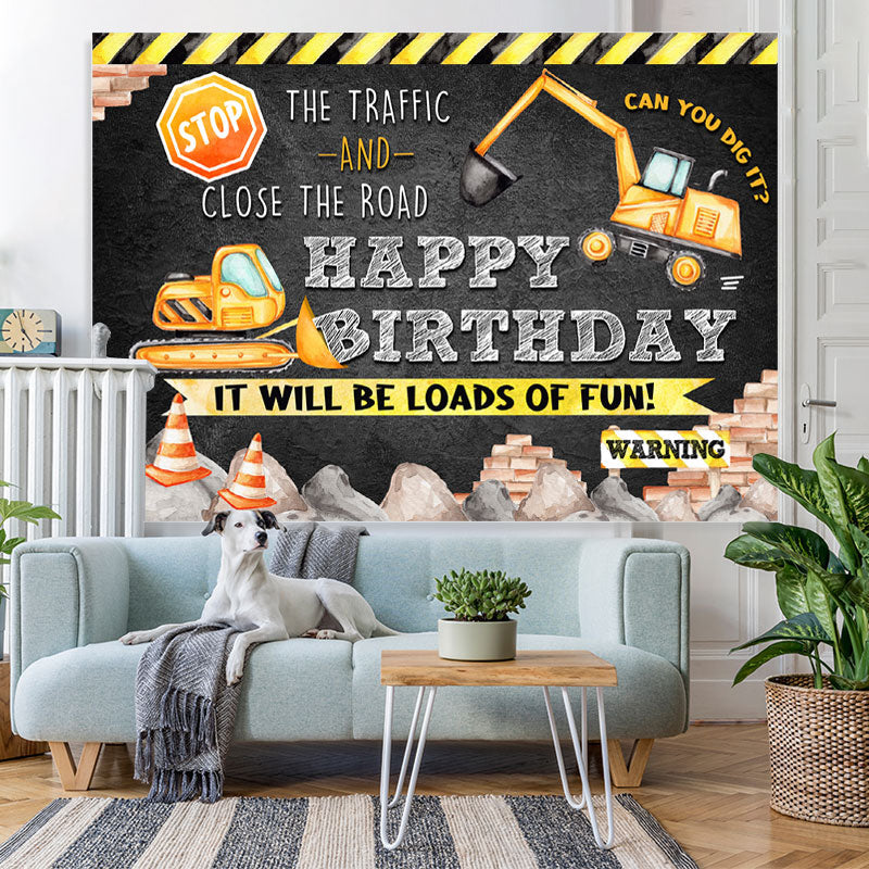 Lofaris Black And Yellow Traffic Theme Happy Birthday Backdrop