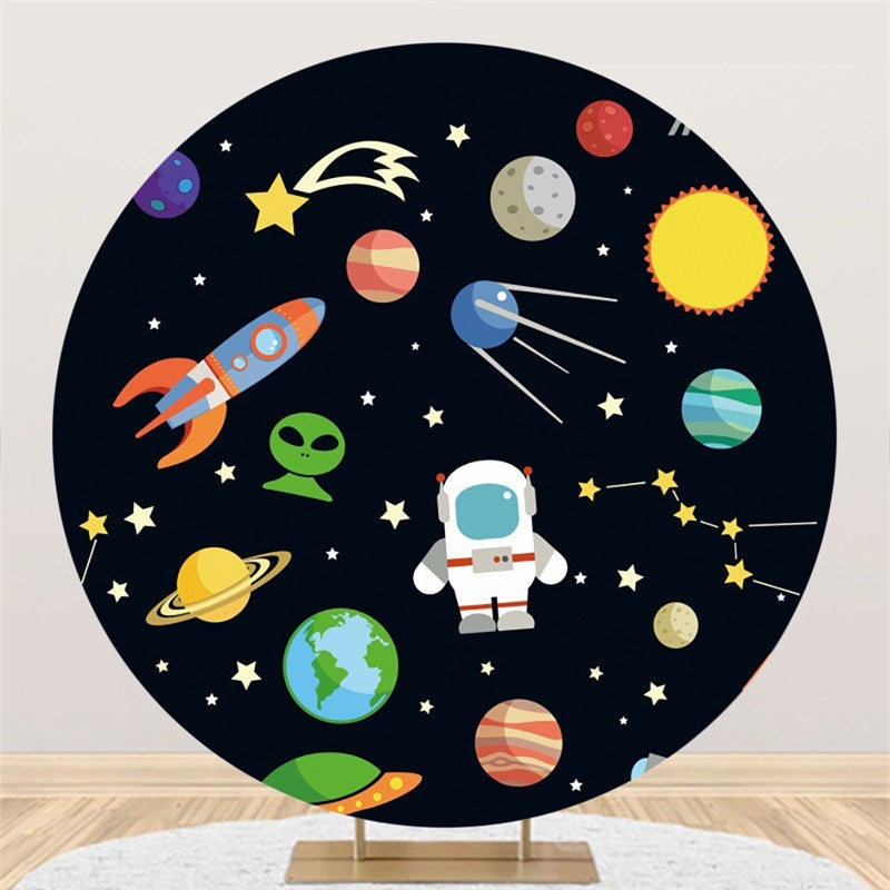 Lofaris Black Cute Galaxy Universe Round Happy Birthday Backdrop