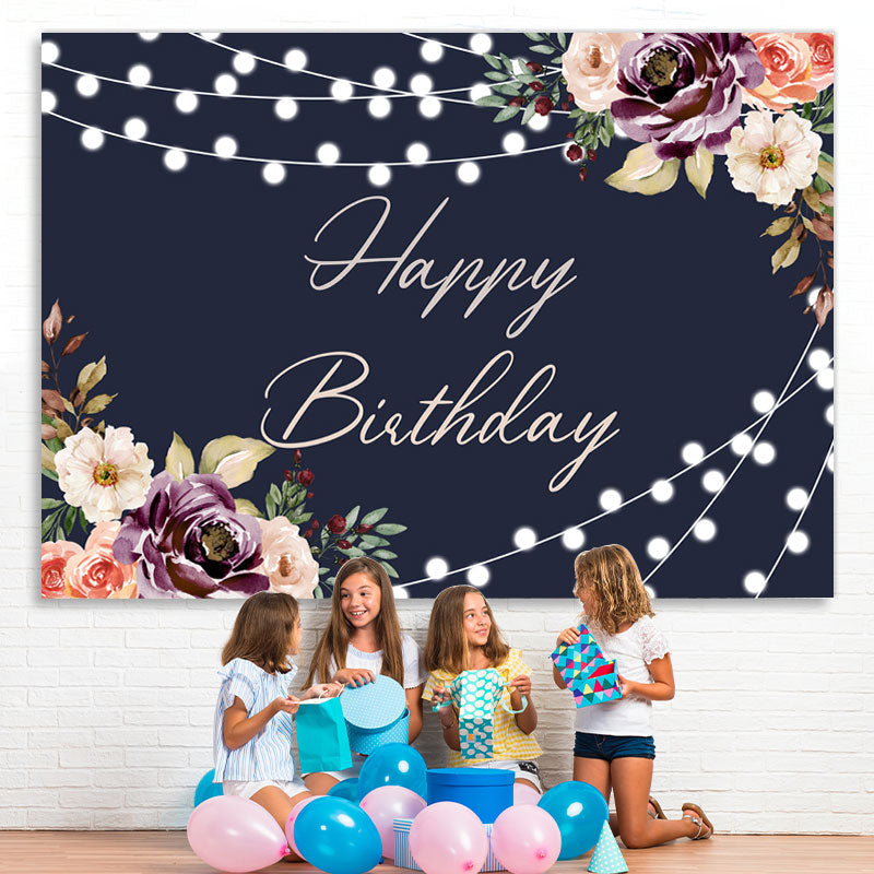 Lofaris Black Floral And Glitter Lights Happy Birthday Backdrop
