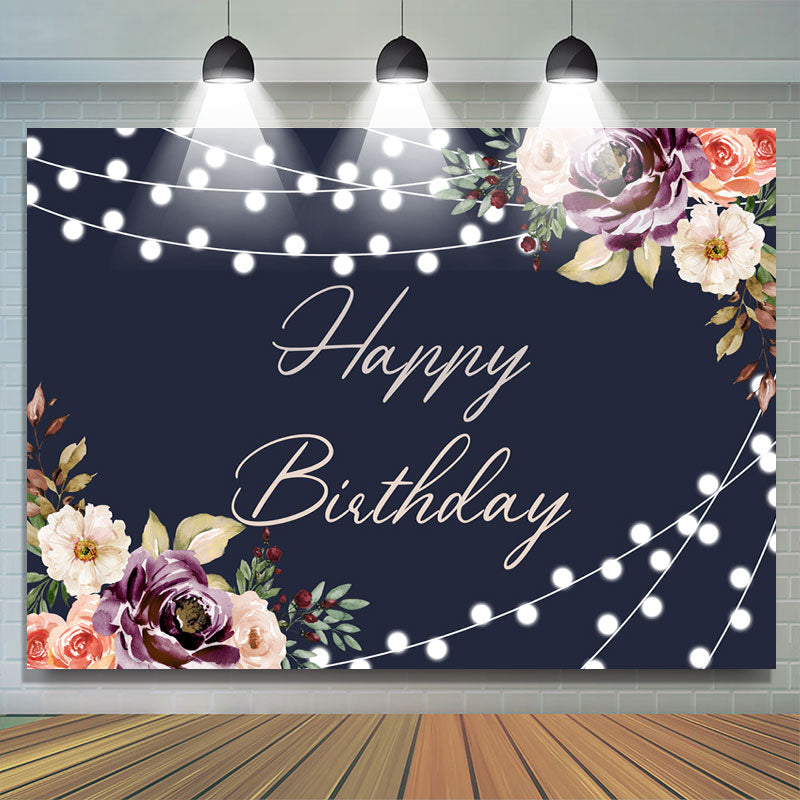 Lofaris Black Floral And Glitter Lights Happy Birthday Backdrop