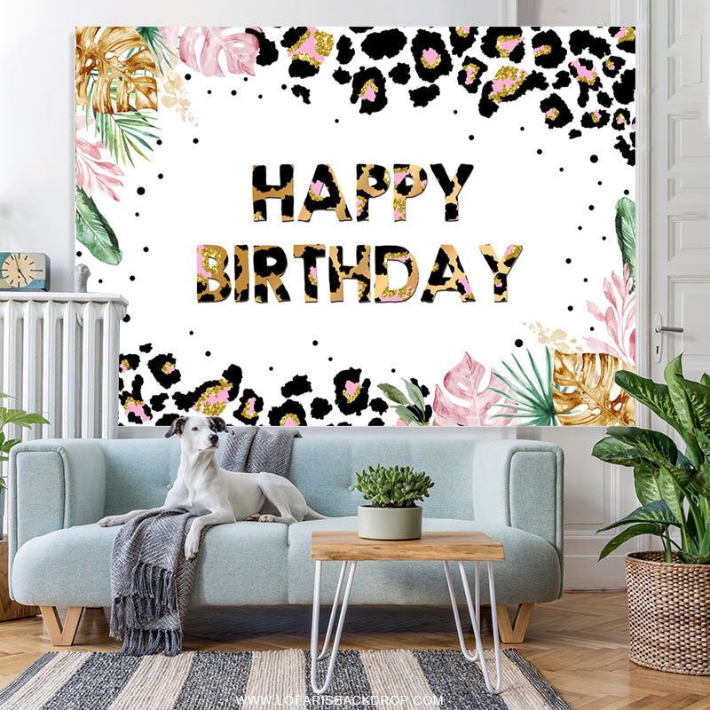 Lofaris Black Gold Pattern And Leaves Happy Birthday Backdrop