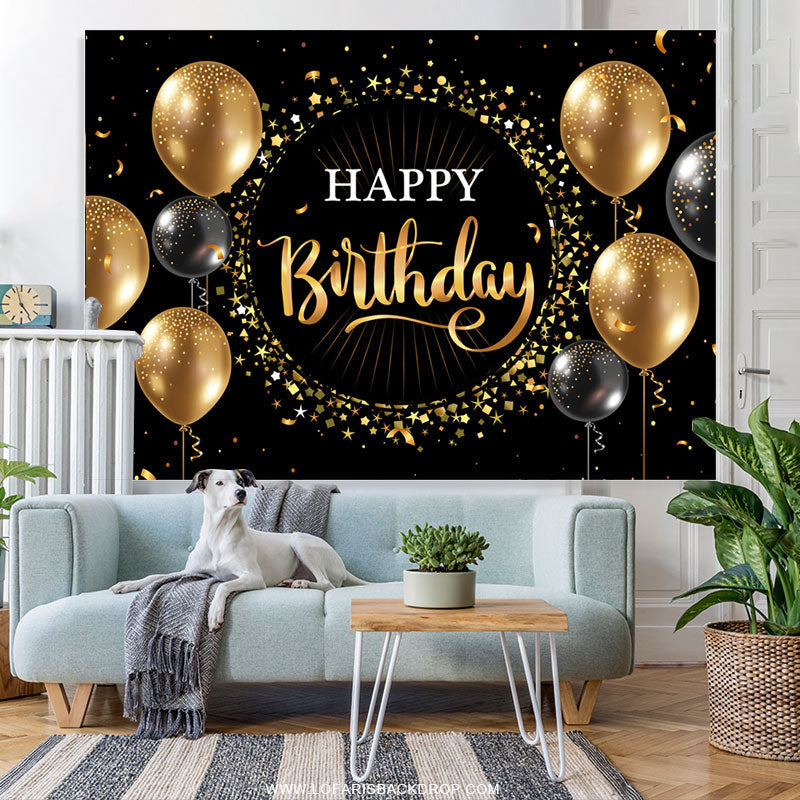 Lofaris Black Golden Balloon Star Circle Birthday Backdrop