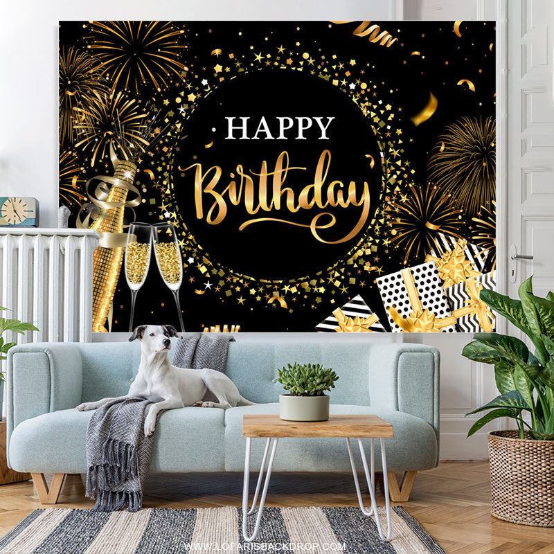 Lofaris Black Golden Champagne Star Happy Birthday Backdrop