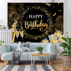 Lofaris Black Golden Champagne Star Happy Birthday Backdrop