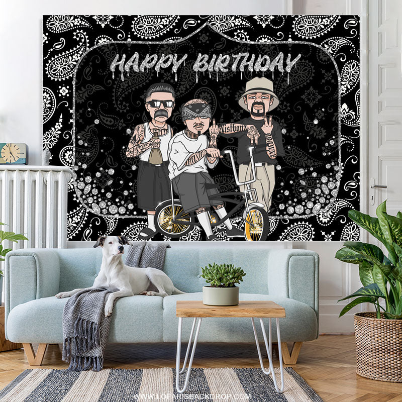 Lofaris Black Rock Cool Guy Theme Happy Birthday Backdrop