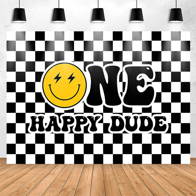 Lofaris Black White Plaid Smiling Face 1st Birthday Backdrop