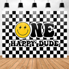 Lofaris Black White Plaid Smiling Face 1st Birthday Backdrop