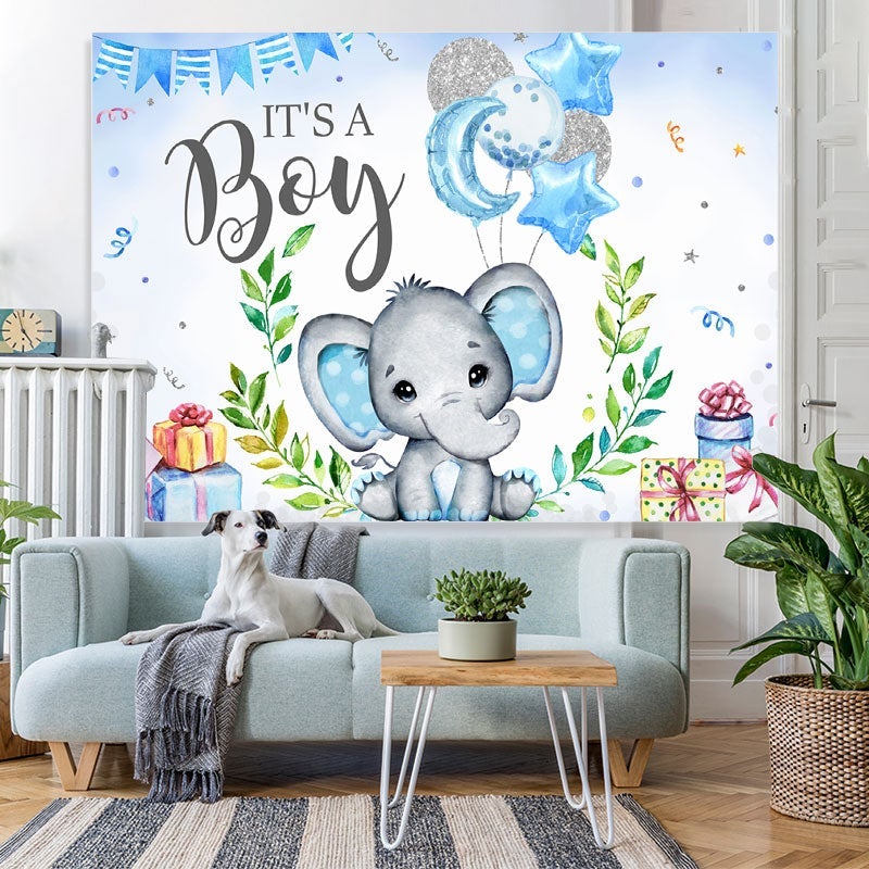 Lofaris Blue And Glitter Balloon Elephant Baby Shower Backdrop