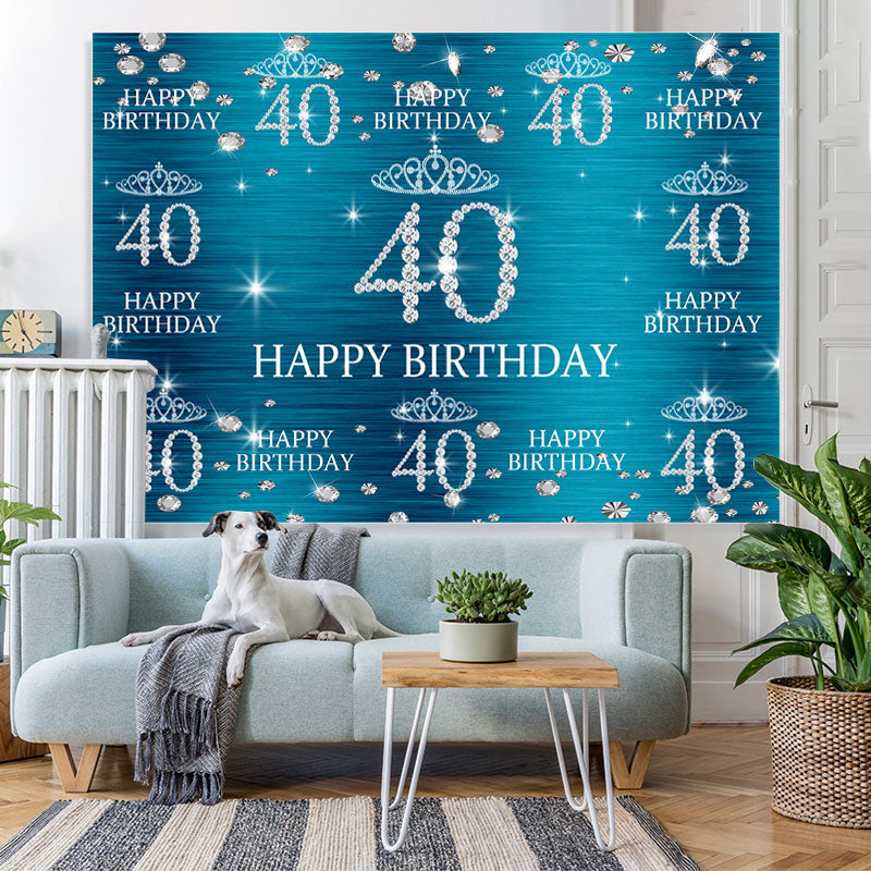 Lofaris Blue And Glitter Crown Happy 40Th Birthday Backdrop