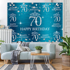 Lofaris Blue And Glitter Crown Happy 70Th Birthday Backdrop