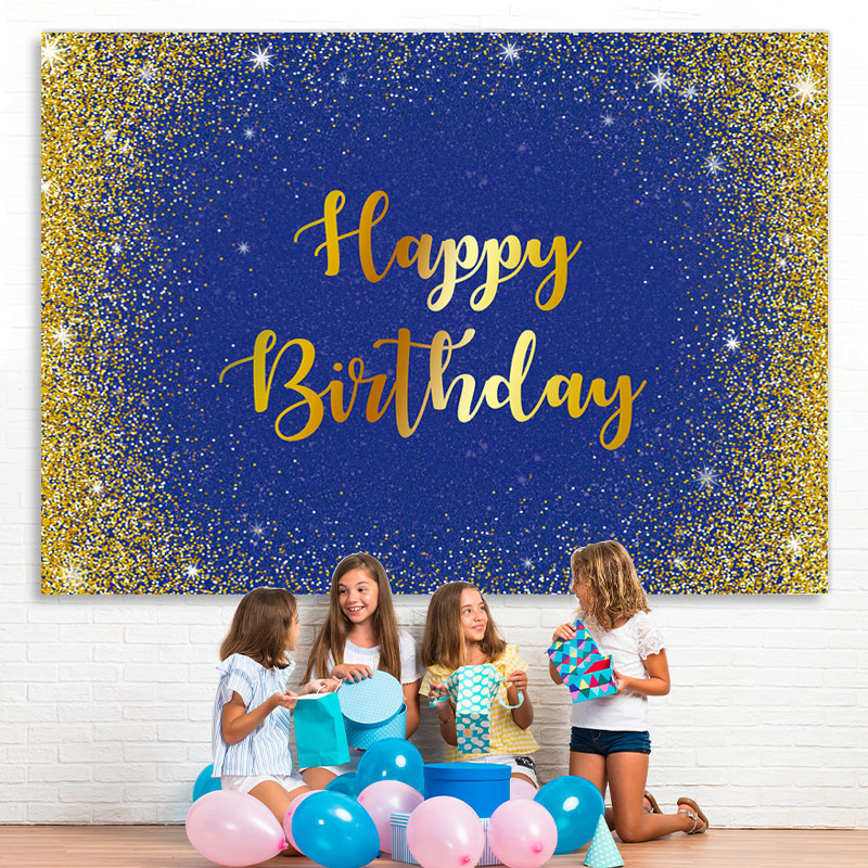 Lofaris Blue And Gold Glitter Happy Birthday Theme Backdrop