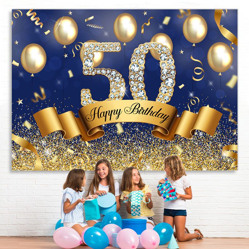 Lofaris Blue And Golden Balloon Happy 50Th Birthday Backdrop