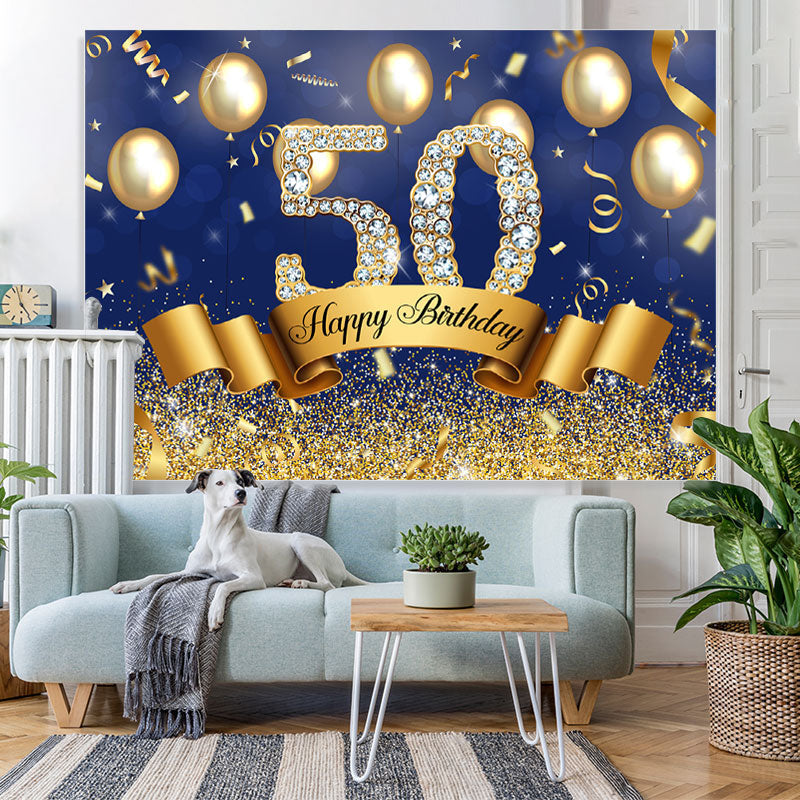 Lofaris Blue And Golden Balloon Happy 50Th Birthday Backdrop
