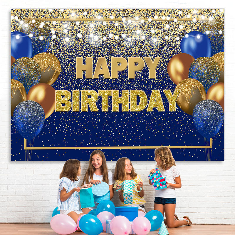 Lofaris Blue and Golden Balloon Lights Happy Birthday Backdrop