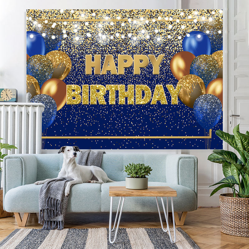 Lofaris Blue and Golden Balloon Lights Happy Birthday Backdrop