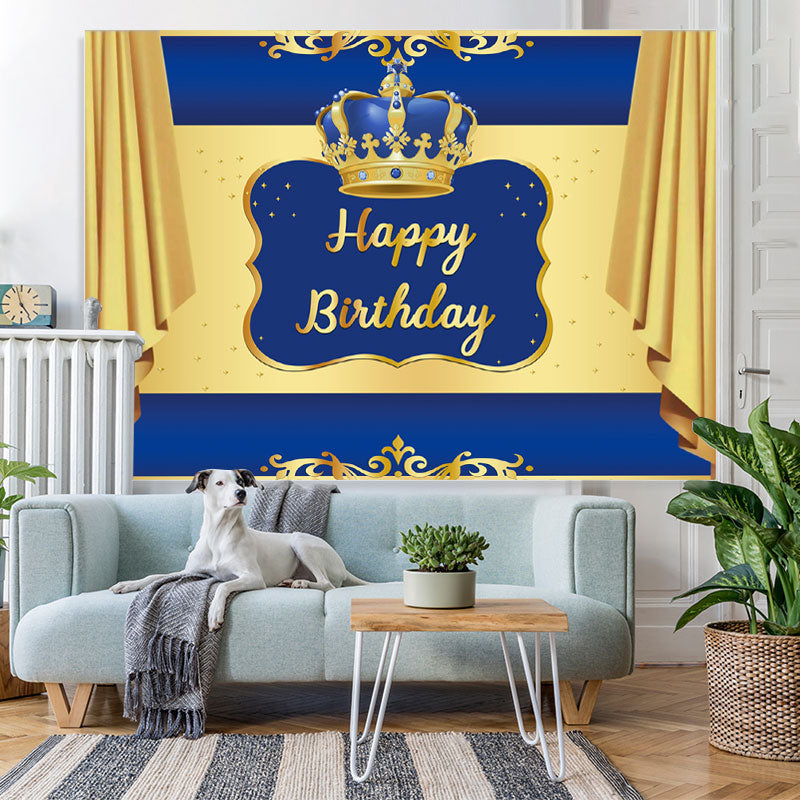 Lofaris Blue and Golden Crown Happy Birthday Party Backdrop