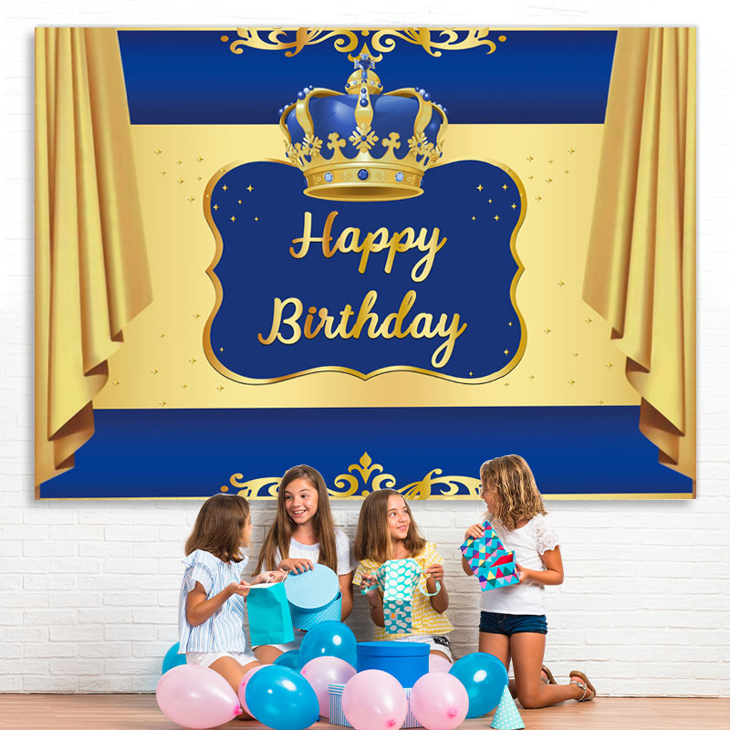 Lofaris Blue and Golden Crown Happy Birthday Party Backdrop