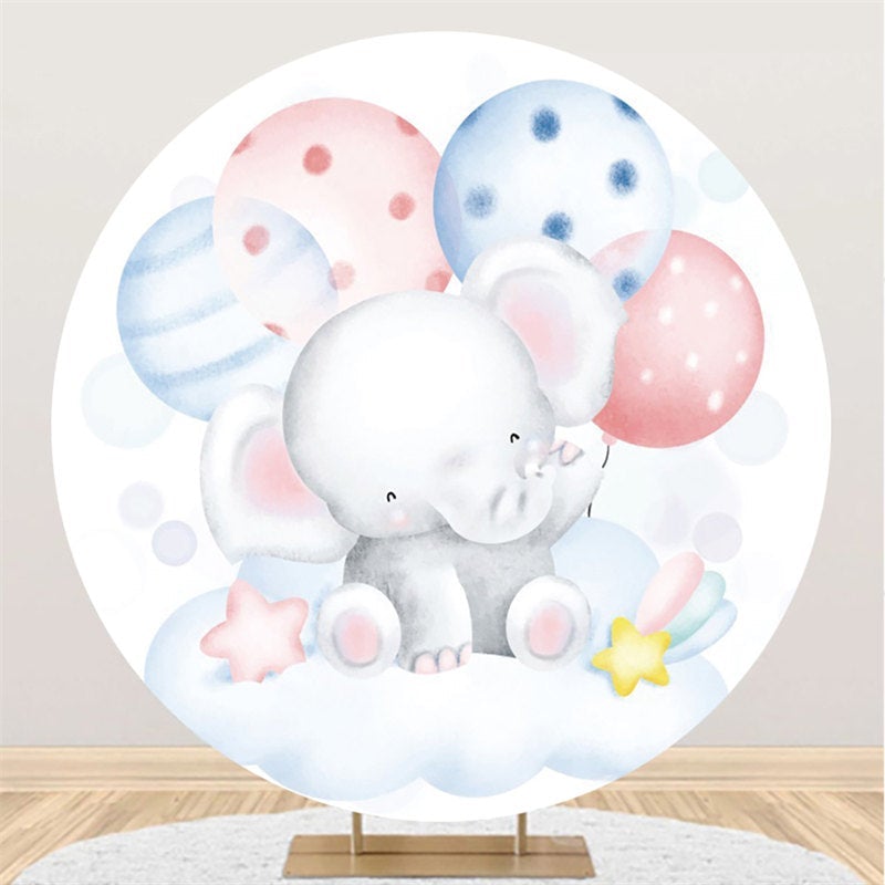 Lofaris Blue And Pink Ballons Round Elephant Baby Shower Backdrop