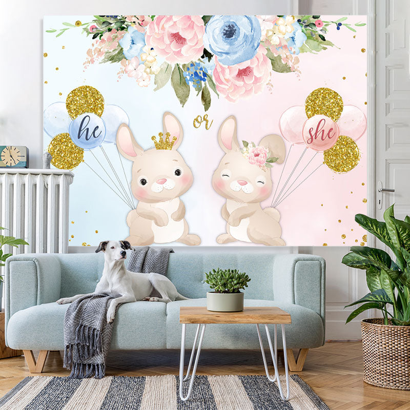Lofaris Blue And Pink Floral Ballon Rabbit Baby Shower Backdrop