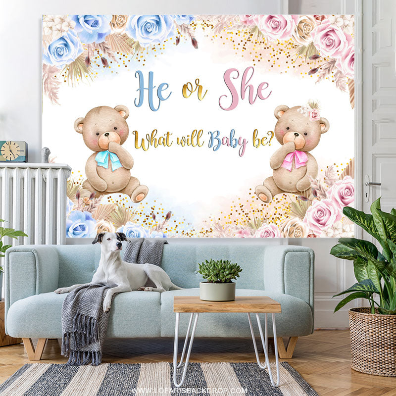 Lofaris Blue And Pink Flower Teddy Bear Baby Shower Backdrop