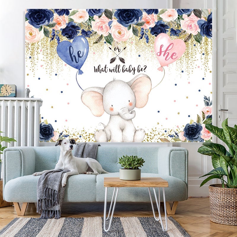 Lofaris Blue And Pink Flowers Elephant Baby Shower Backdrop