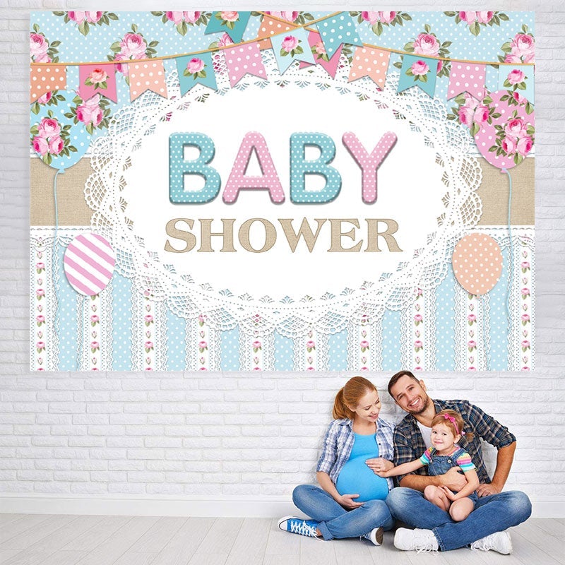 Lofaris Blue And Pink Flowers Flags Themed Baby Shower Backdrop