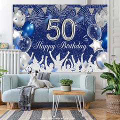 Lofaris Blue And Silver Glitter Balloons 50th Birthday Backdrop