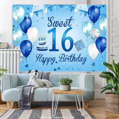Lofaris Blue And White Ballons Happy 16th Birthday Backdrop