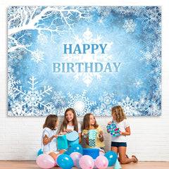 Lofaris Blue And White Snowy Winter Happy Birthday Backdrop