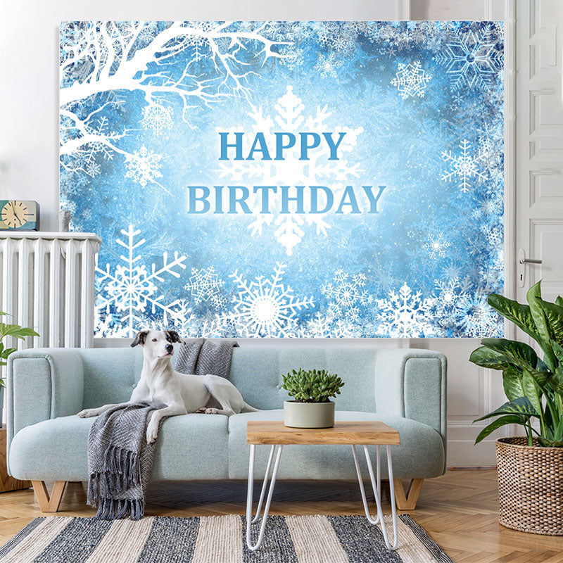 Lofaris Blue And White Snowy Winter Happy Birthday Backdrop