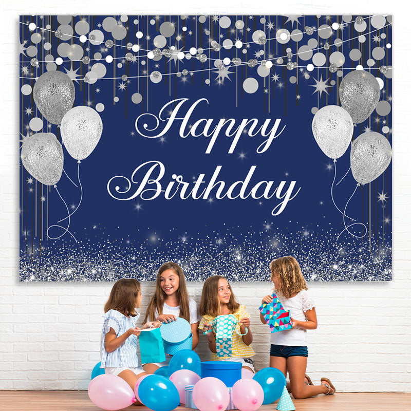Lofaris Blue Boken and Silver Balloon Happy Birthday Backdrop