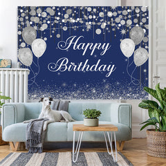 Lofaris Blue Boken and Silver Balloon Happy Birthday Backdrop