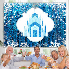 Lofaris Blue Castle And White Snowflake Christmas Backdrop