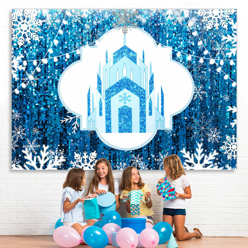 Lofaris Blue Castle And White Snowflake Christmas Backdrop