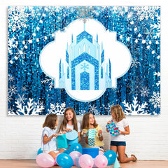Lofaris Blue Castle And White Snowflake Christmas Backdrop