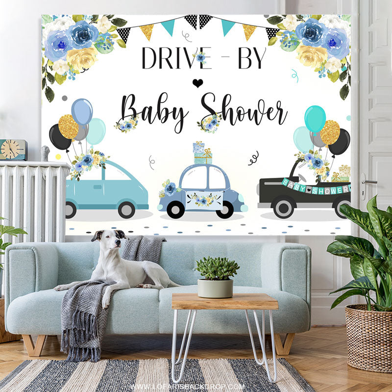 Lofaris Blue Floral And Balloon Car Drive By Baby Shower Backdrop