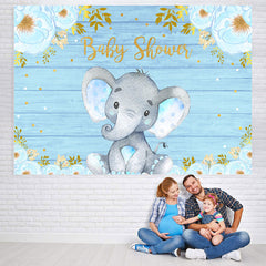 Lofaris Blue Floral And Elephant Wood Baby Shower Backdrop