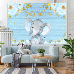 Lofaris Blue Floral And Elephant Wood Baby Shower Backdrop