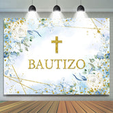 Lofaris Blue Floral Gold Glitter Bautizo Baby Shower Backdrop