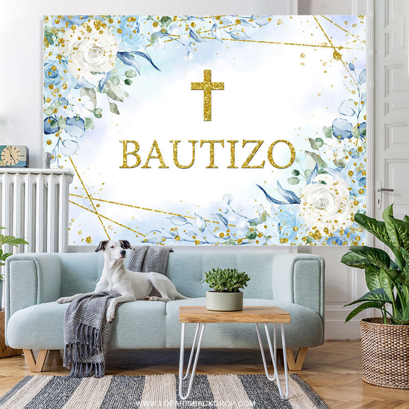 Lofaris Blue Floral Gold Glitter Bautizo Baby Shower Backdrop