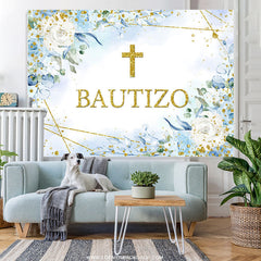 Lofaris Blue Floral Gold Glitter Bautizo Baby Shower Backdrop