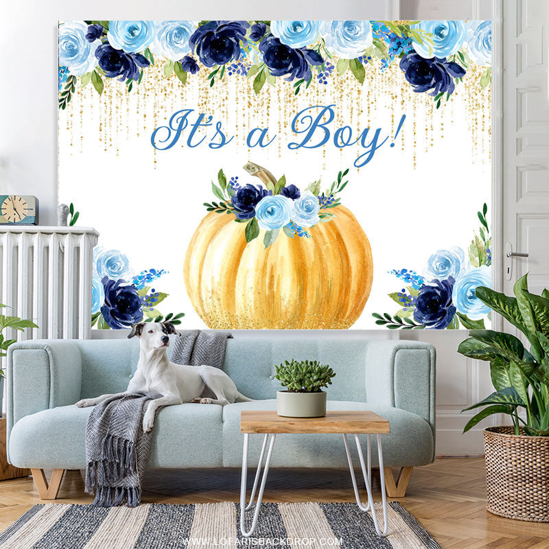 Lofaris Blue Floral Gold Glitter Pumpkin Baby Shower Backdrop